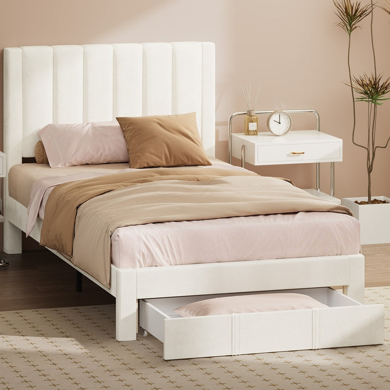 Oikiture Bed Frame King Single Headboard Platform with Drawer Beige