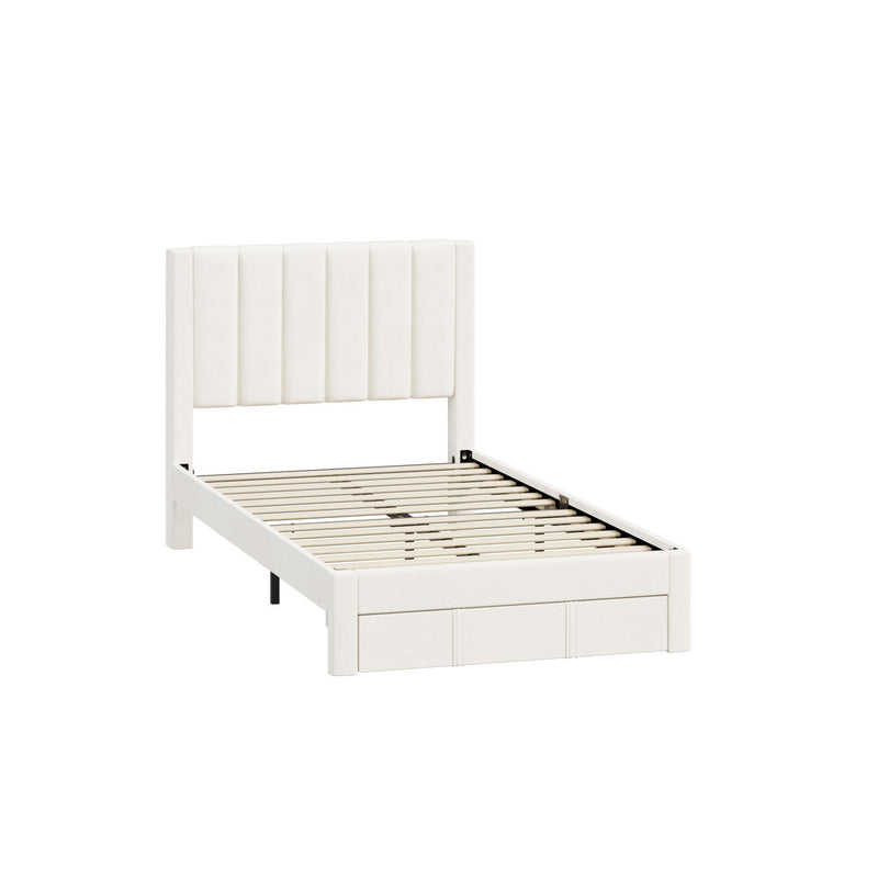 Oikiture Bed Frame King Single Headboard Platform with Drawer Beige
