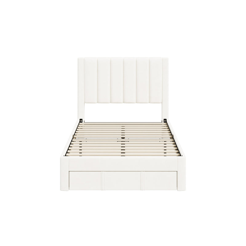 Oikiture Bed Frame King Single Headboard Platform with Drawer Beige