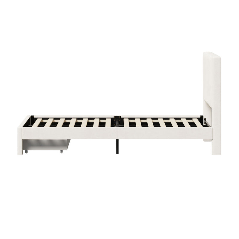 Oikiture Bed Frame King Single Headboard Platform with Drawer Beige