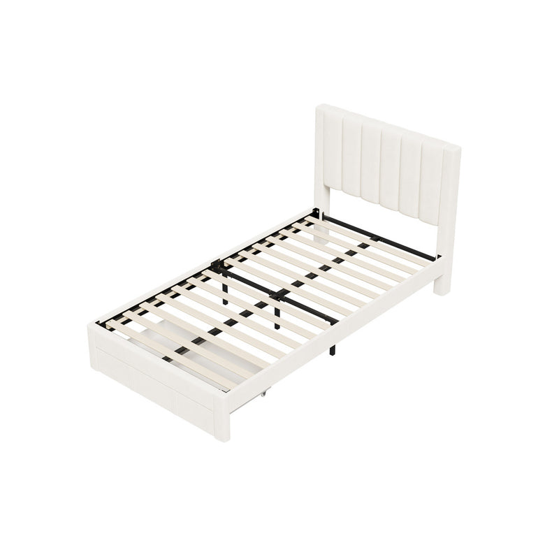 Oikiture Bed Frame King Single Headboard Platform with Drawer Beige