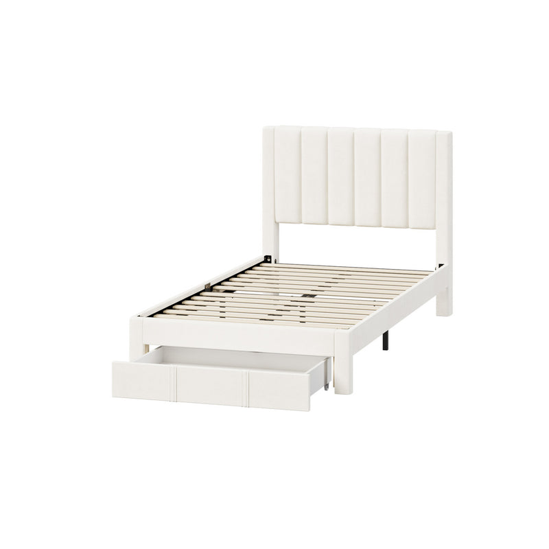 Oikiture Bed Frame King Single Headboard Platform with Drawer Beige