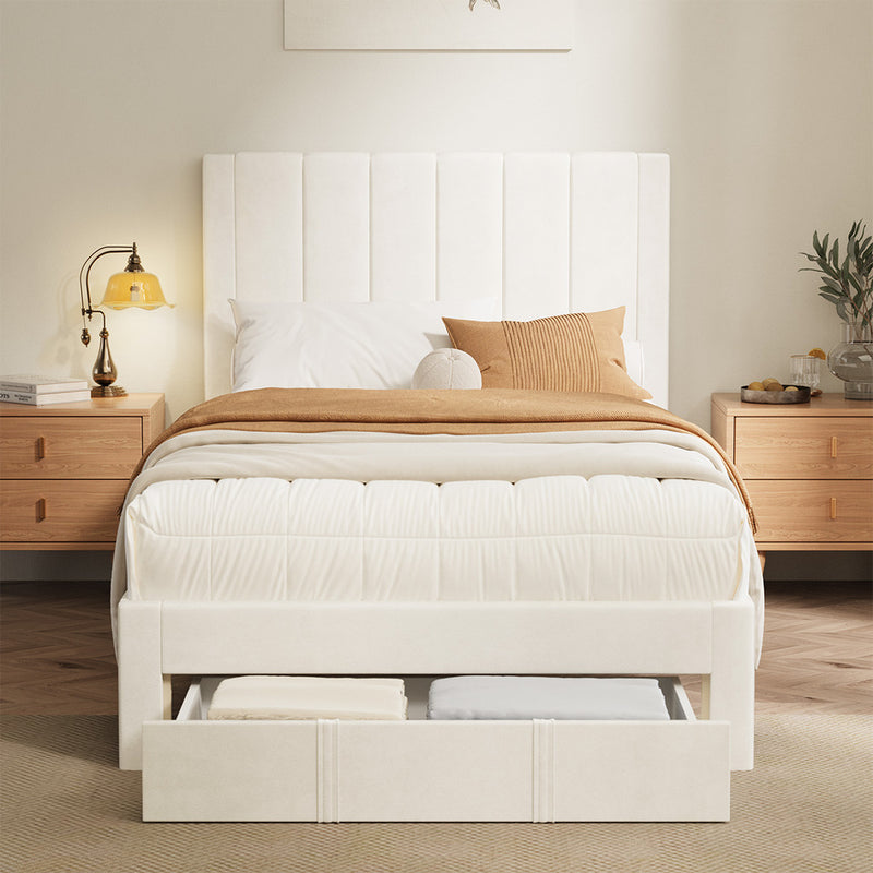 Oikiture Bed Frame King Single Headboard Platform with Drawer Beige