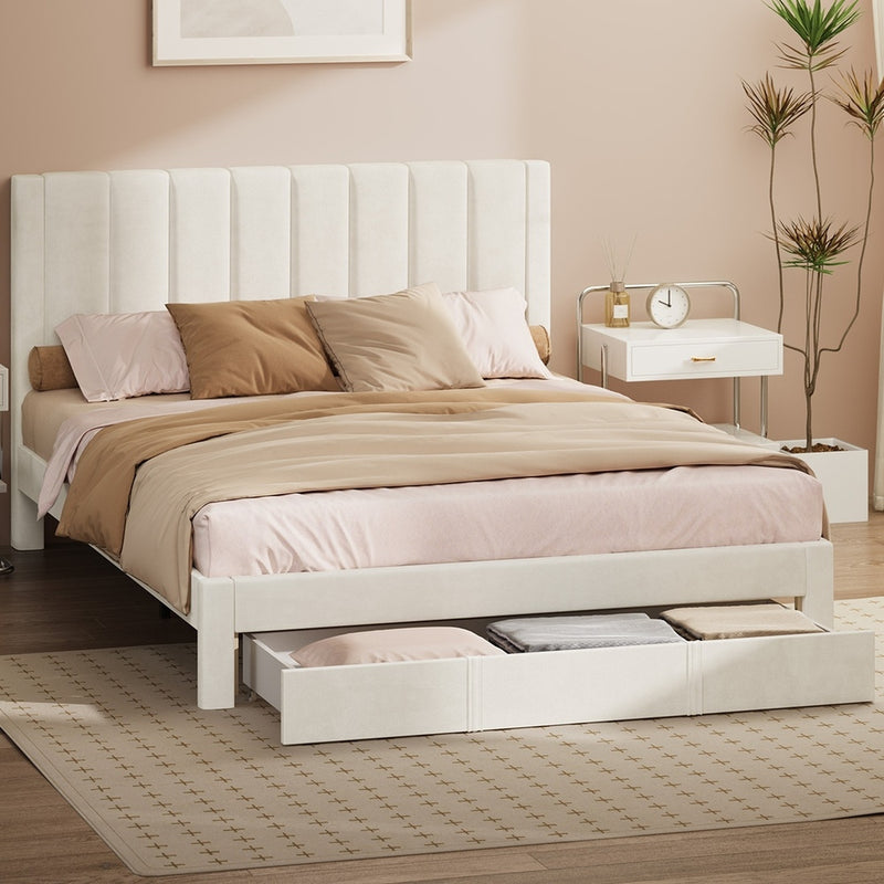Oikiture Queen Bed Frame Headboard Platform Base with Drawer Beige
