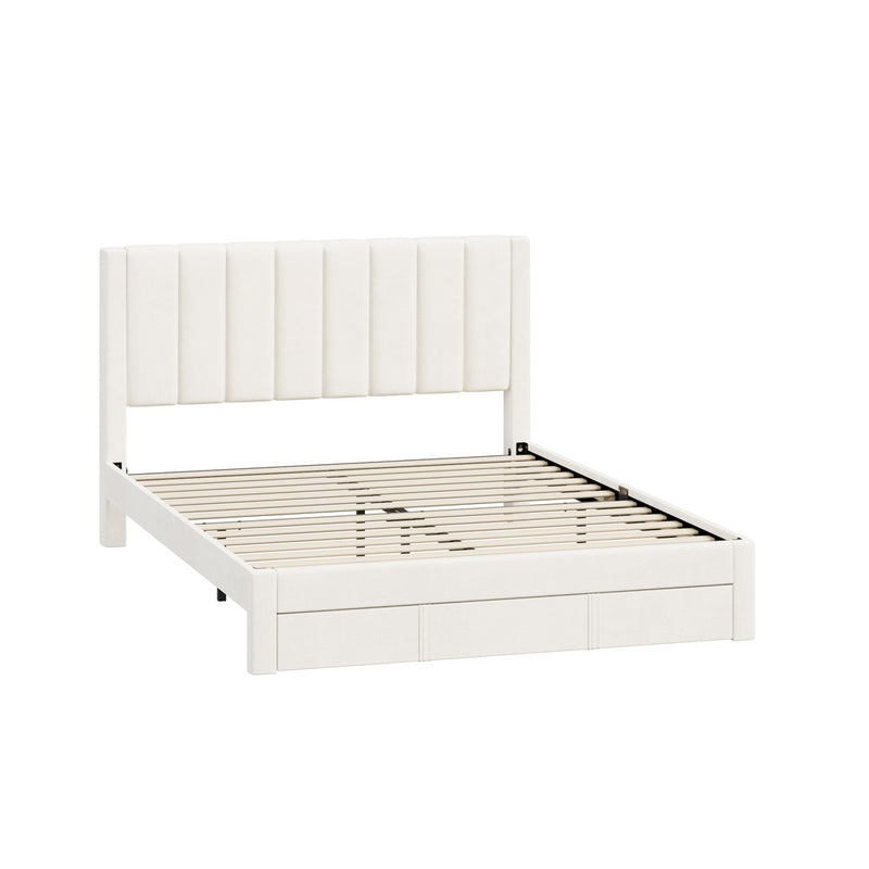 Oikiture Queen Bed Frame Headboard Platform Base with Drawer Beige