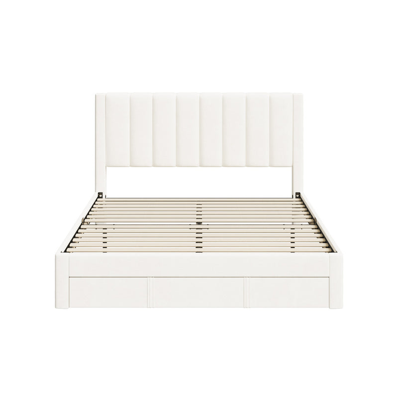 Oikiture Queen Bed Frame Headboard Platform Base with Drawer Beige