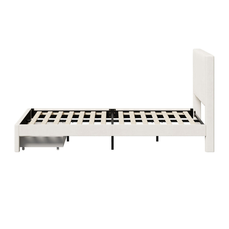 Oikiture Queen Bed Frame Headboard Platform Base with Drawer Beige