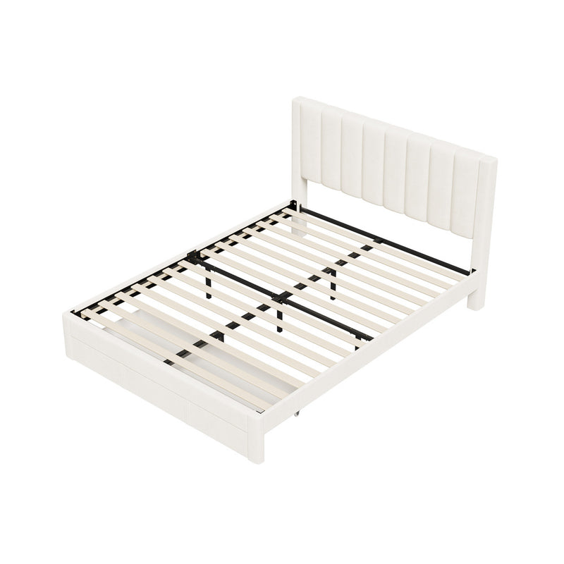 Oikiture Queen Bed Frame Headboard Platform Base with Drawer Beige