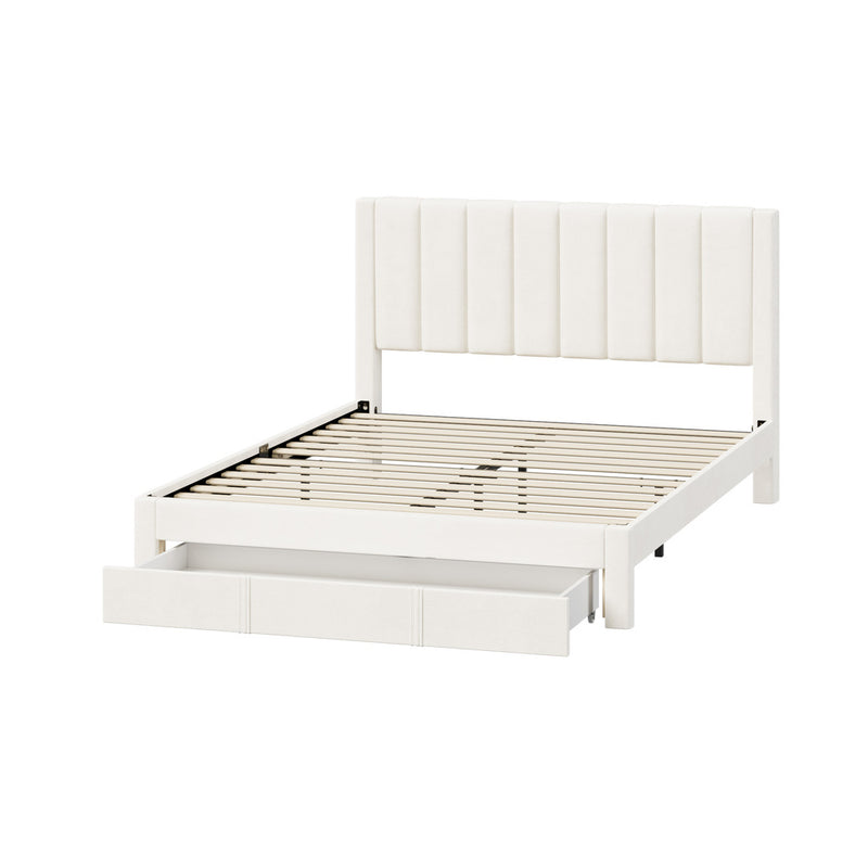 Oikiture Queen Bed Frame Headboard Platform Base with Drawer Beige