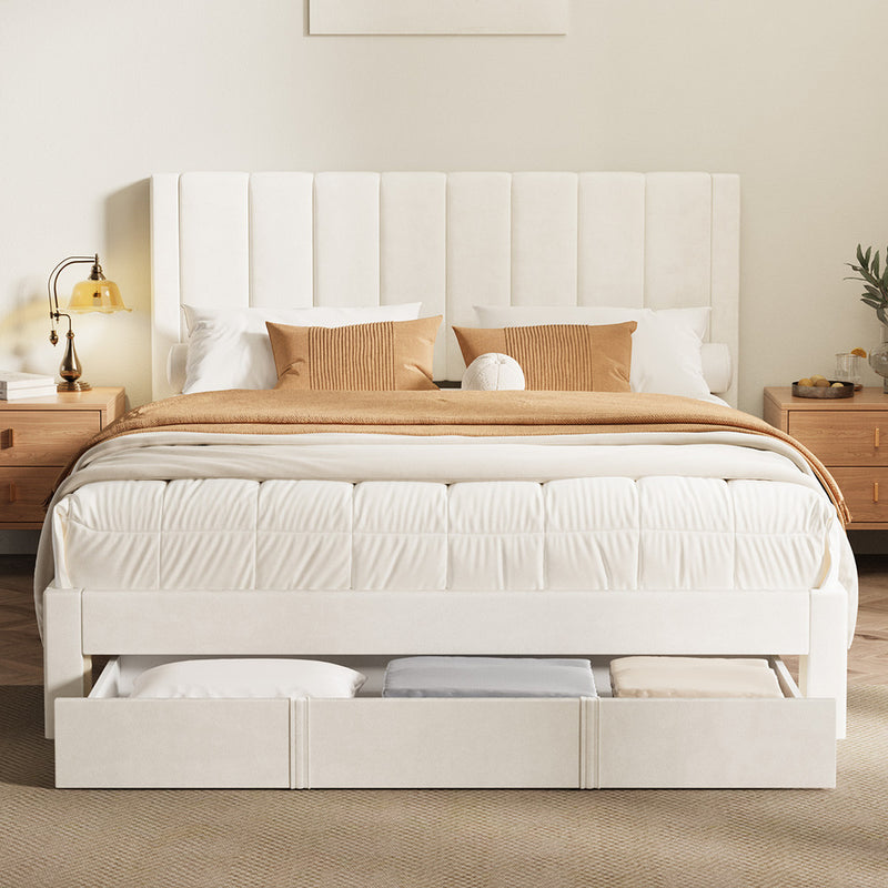 Oikiture Queen Bed Frame Headboard Platform Base with Drawer Beige