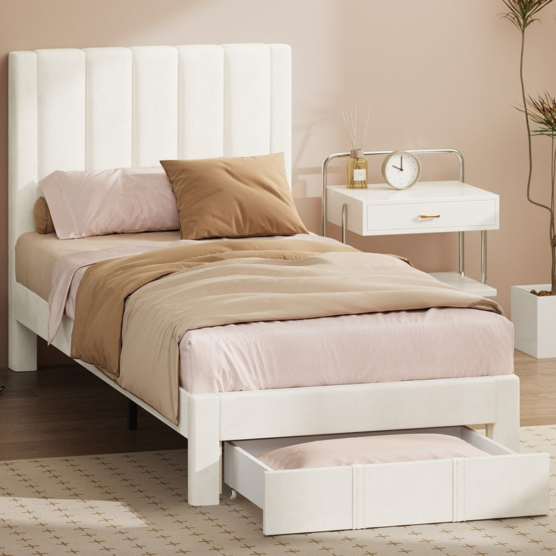 Oikiture Single Bed Frame Headboard Platform Base with Drawer Beige