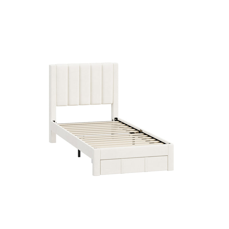 Oikiture Single Bed Frame Headboard Platform Base with Drawer Beige