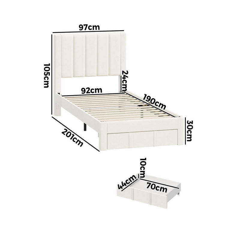Oikiture Single Bed Frame Headboard Platform Base with Drawer Beige
