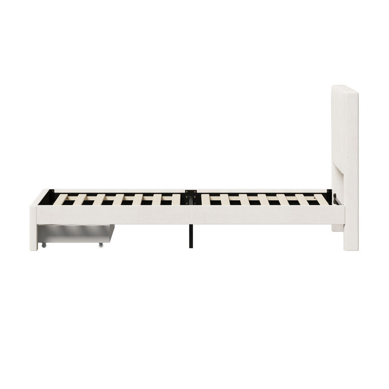 Oikiture Single Bed Frame Headboard Platform Base with Drawer Beige