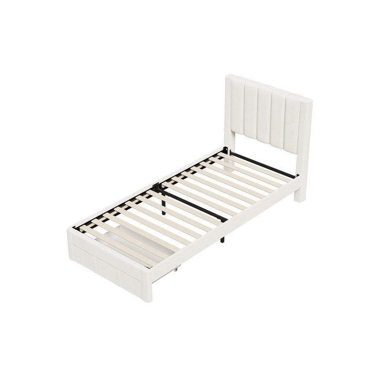 Oikiture Single Bed Frame Headboard Platform Base with Drawer Beige