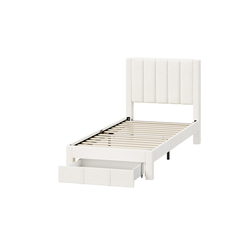 Oikiture Single Bed Frame Headboard Platform Base with Drawer Beige