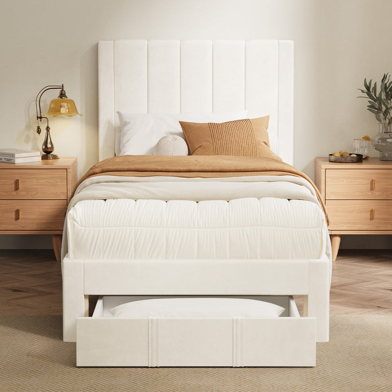 Oikiture Single Bed Frame Headboard Platform Base with Drawer Beige