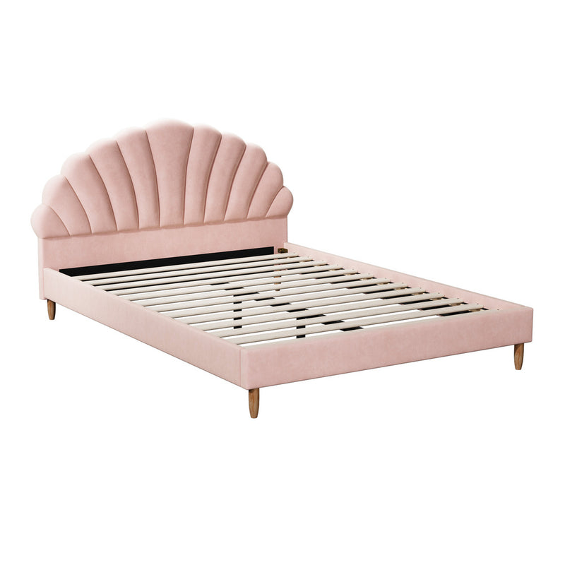Oikiture Bed Frame Double Size Scallop-Shape Bedhead Pink Velvet