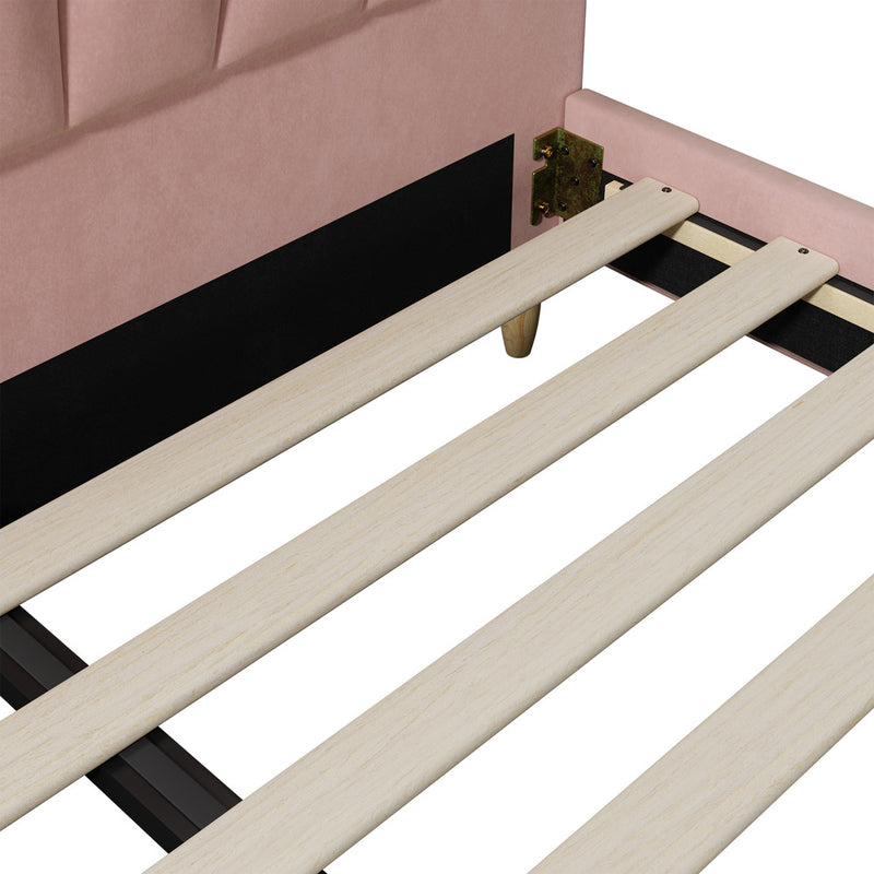 Oikiture Bed Frame Double Size Scallop-Shape Bedhead Pink Velvet