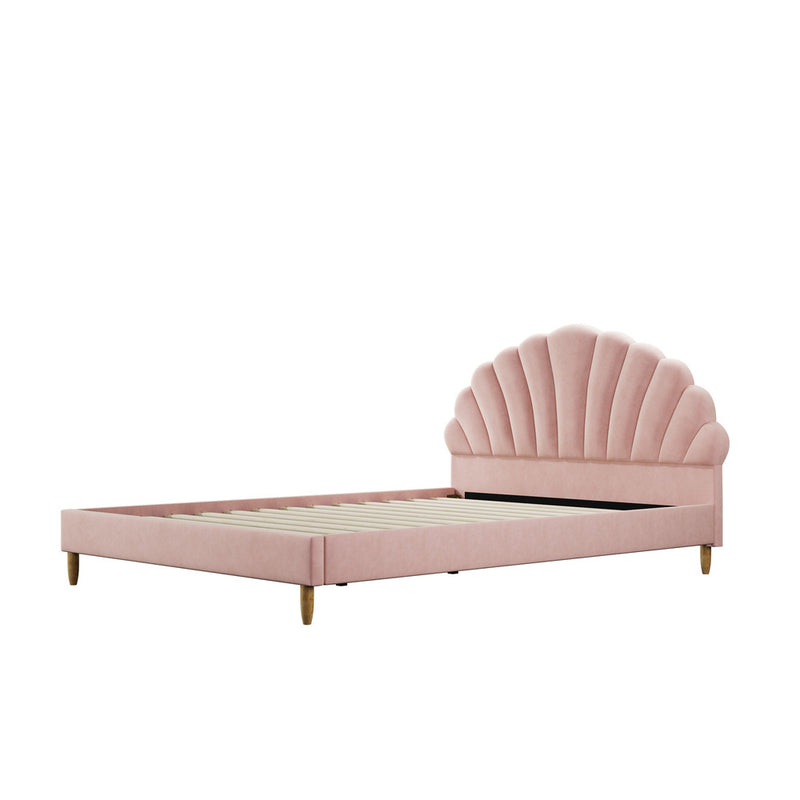 Oikiture Bed Frame Double Size Scallop-Shape Bedhead Pink Velvet
