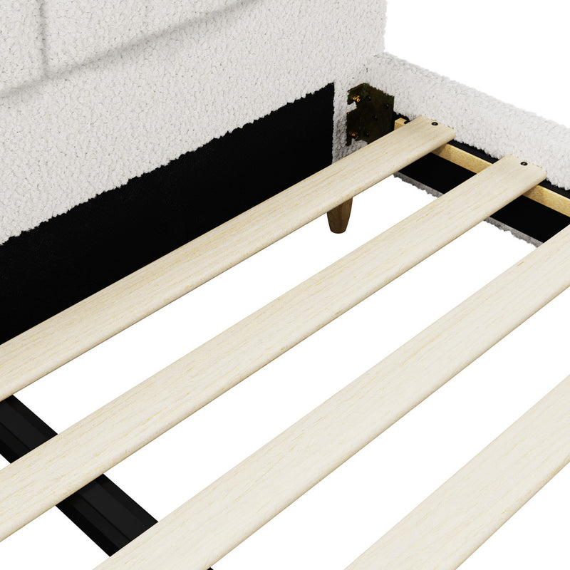 Oikiture Bed Frame Double Size Scallop-Shape Bedhead White Boucle