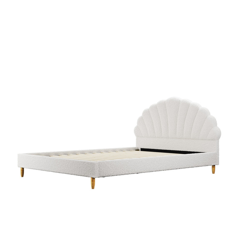 Oikiture Bed Frame Double Size Scallop-Shape Bedhead White Boucle