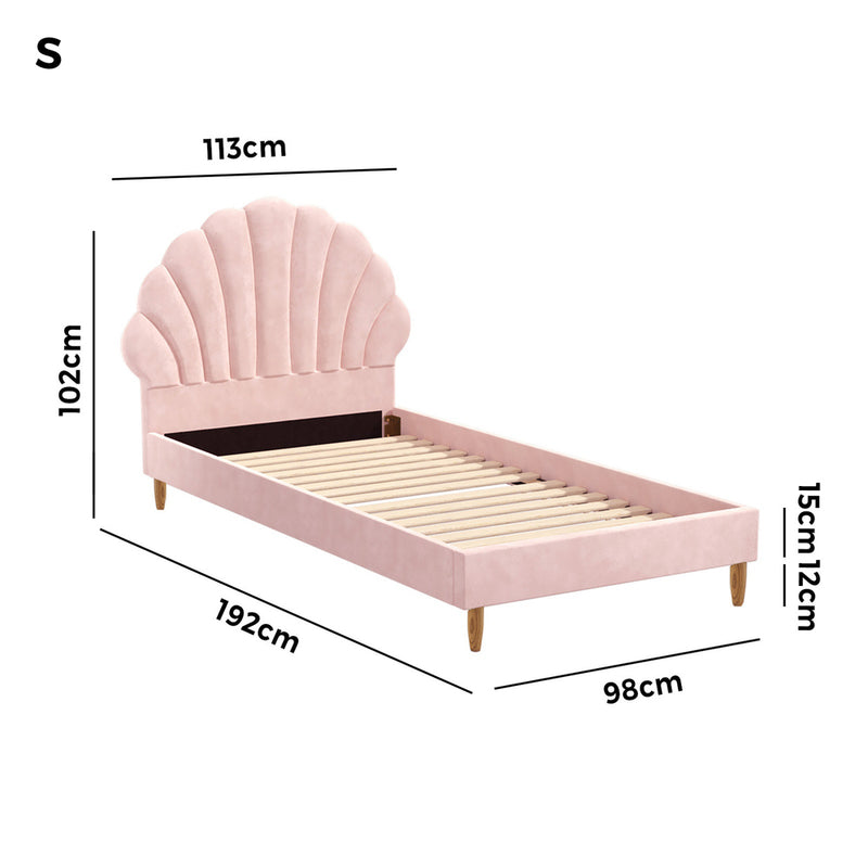 Oikiture Single Bed Frame Scallop-Shape Bedhead Pink Velvet