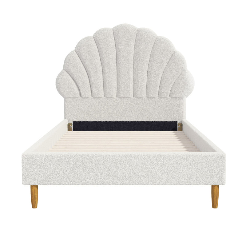 Oikiture Single Bed Frame Scallop-Shape Bedhead White Boucle