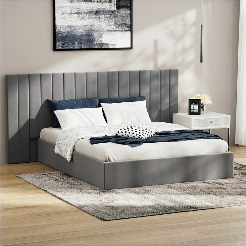 Oikiture Bed Frame Queen Gas Lift Storage Oversized Headboard Velvet