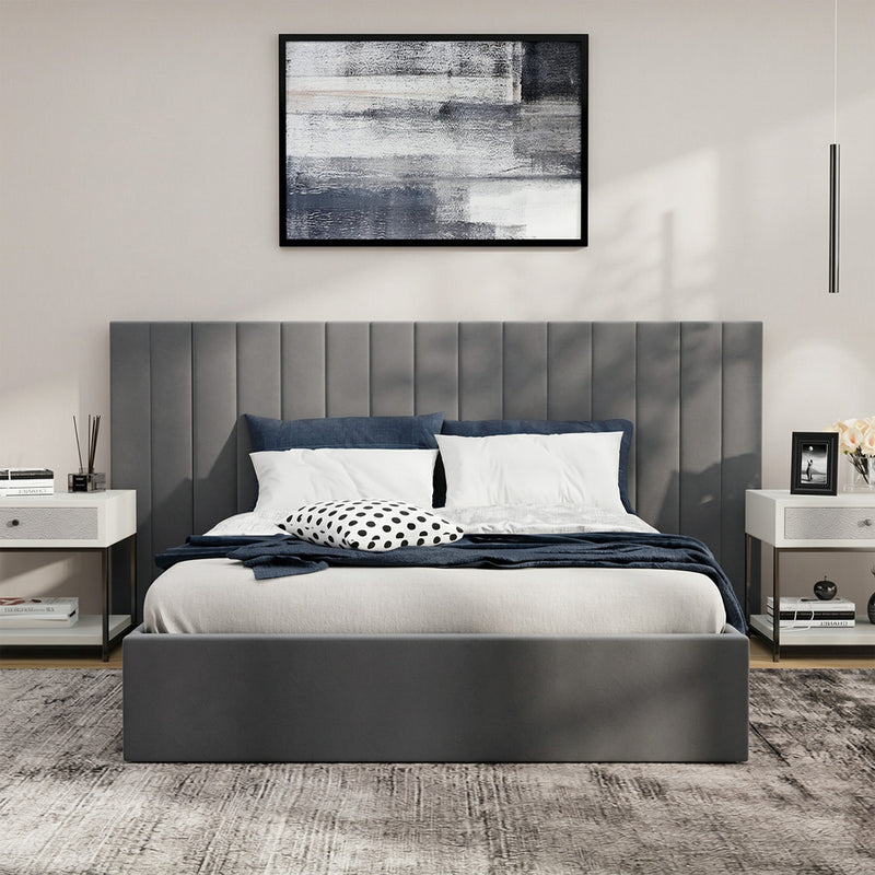 Oikiture Bed Frame Queen Gas Lift Storage Oversized Headboard Velvet