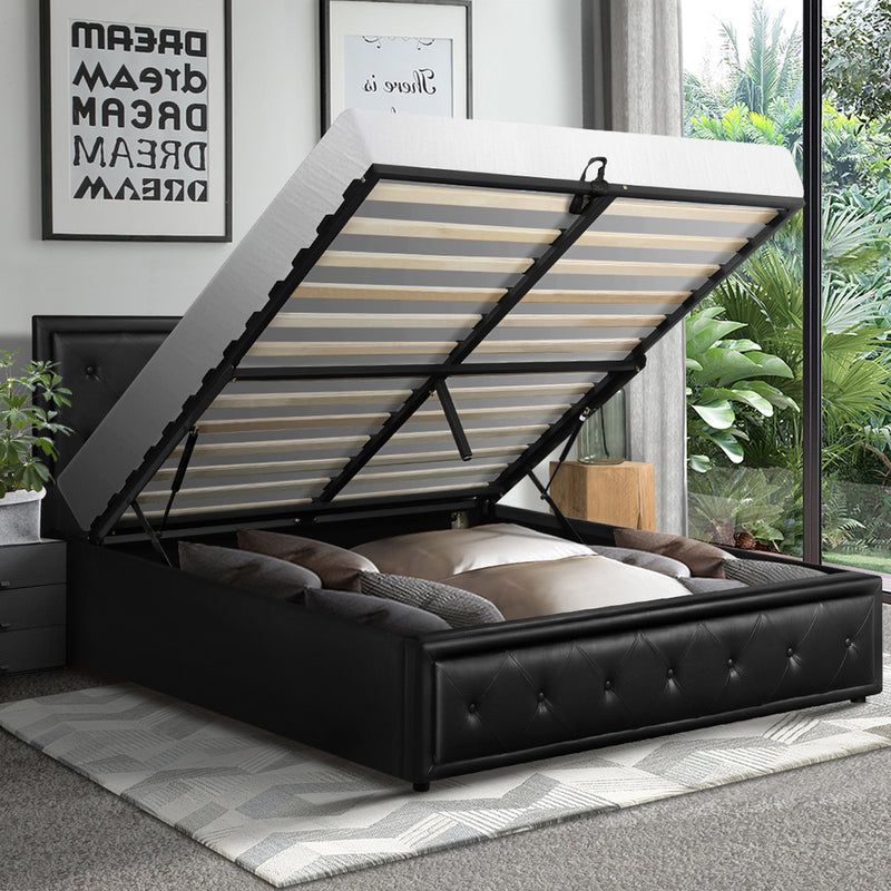 Oikiture Double Bed Frame with Storage Space Gas Lift Black