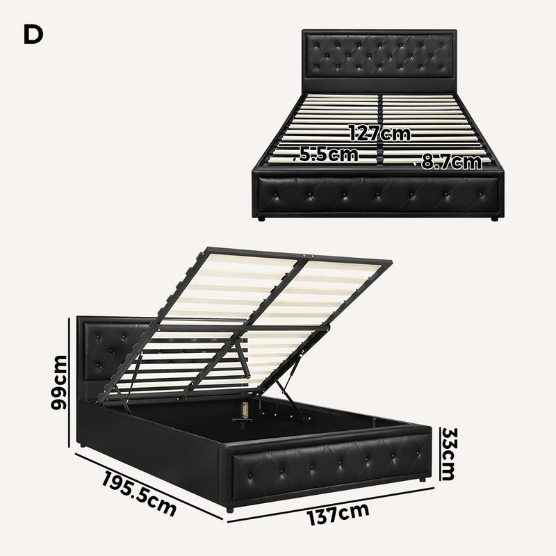 Oikiture Double Bed Frame with Storage Space Gas Lift Black