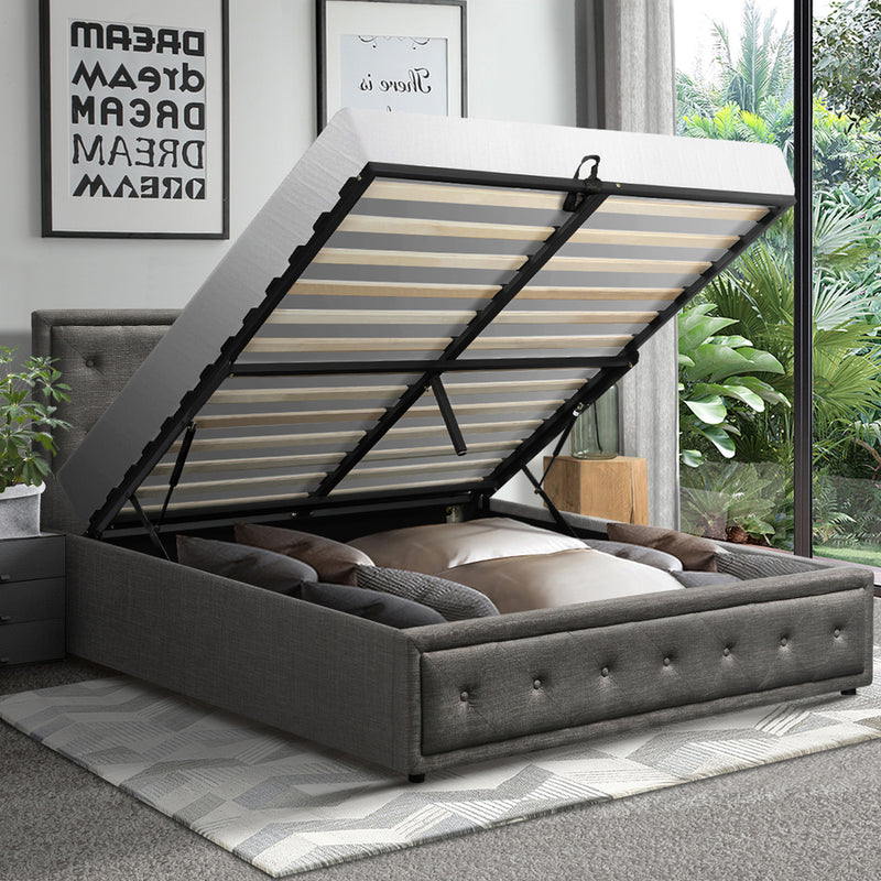Oikiture Double Bed Frame with Storage Space Gas Lift Grey