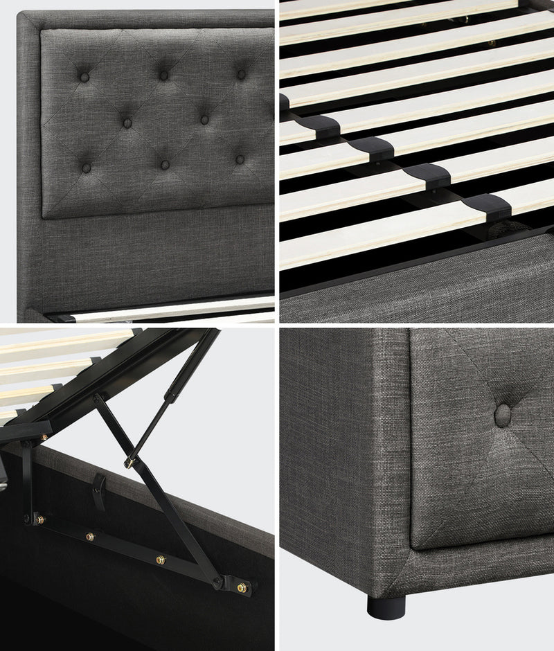 Oikiture Double Bed Frame with Storage Space Gas Lift Grey