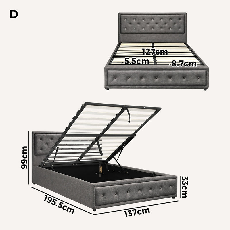 Oikiture Double Bed Frame with Storage Space Gas Lift Grey