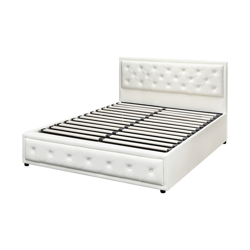 Oikiture Double Bed Frame with Storage Space Gas Lift White