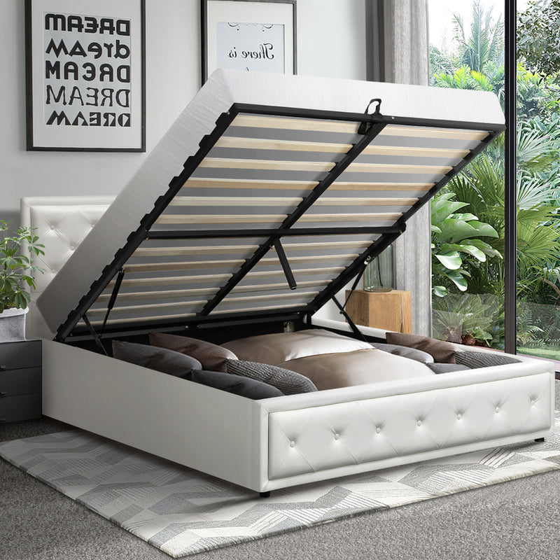 Oikiture Double Bed Frame with Storage Space Gas Lift White