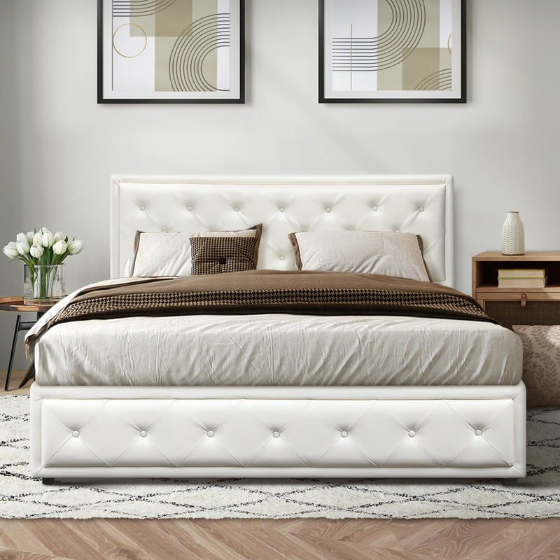 Oikiture Double Bed Frame with Storage Space Gas Lift White