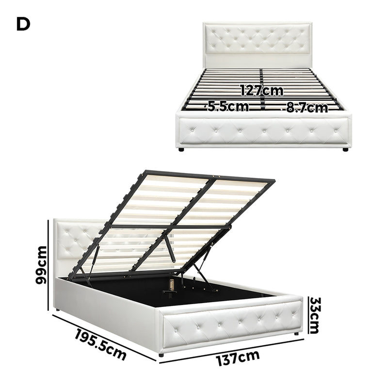 Oikiture Double Bed Frame with Storage Space Gas Lift White