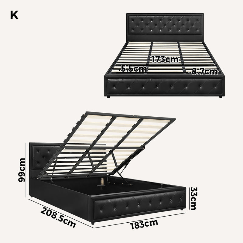 Oikiture King Bed Frame with Storage Space Gas Lift Black