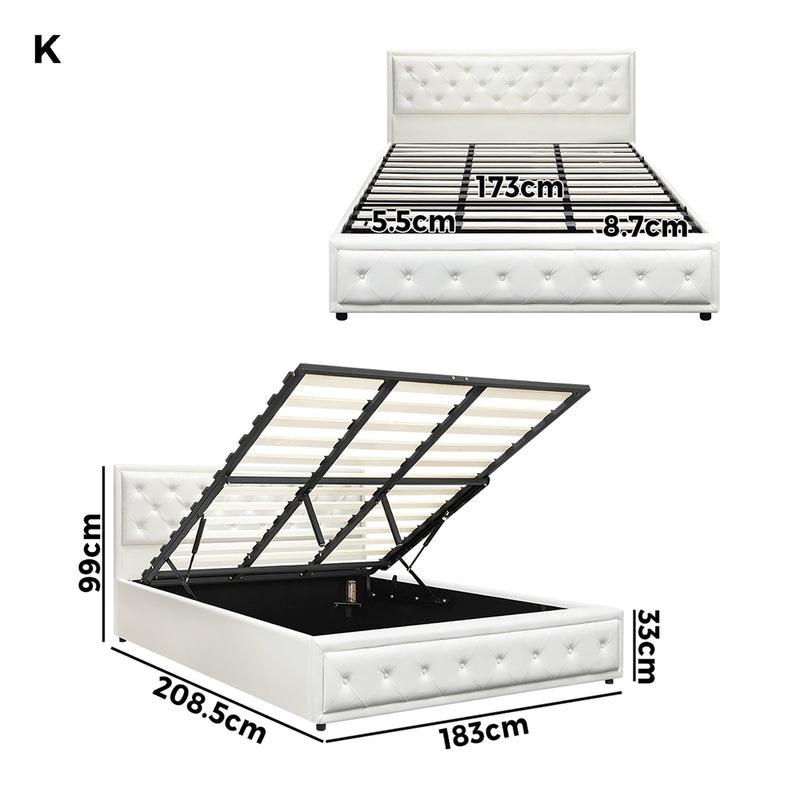 Oikiture King Bed Frame with Storage Space Gas Lift White