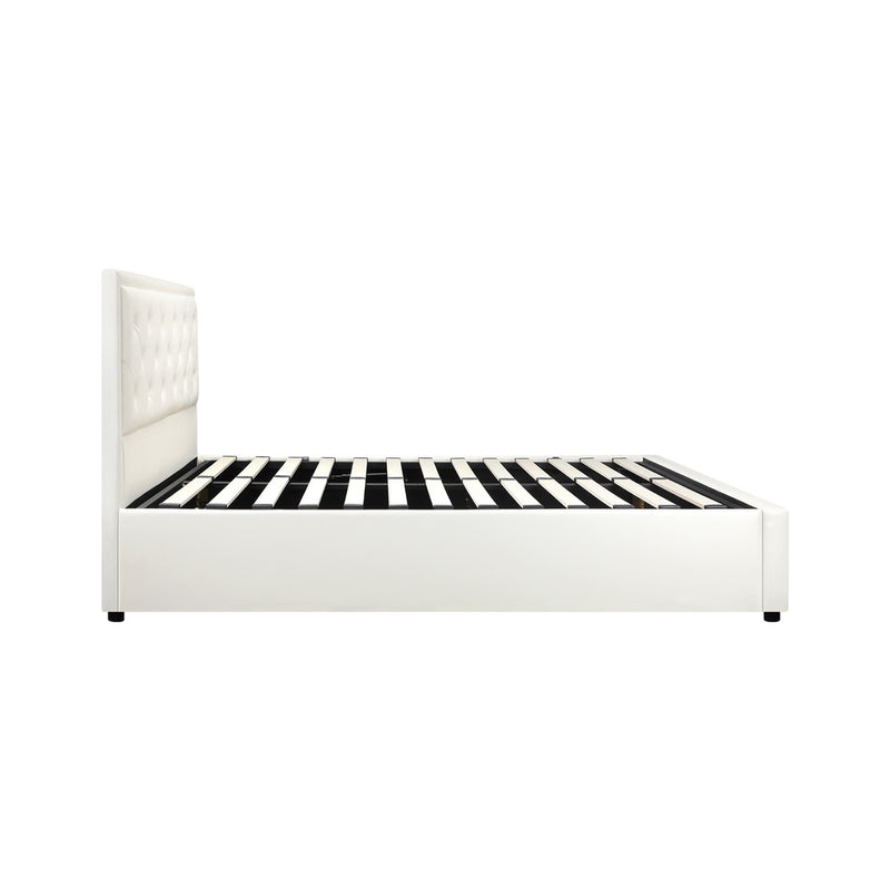 Oikiture King Single Bed Frame with Storage Space Gas Lift White