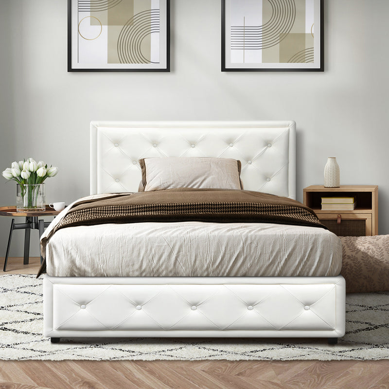 Oikiture King Single Bed Frame with Storage Space Gas Lift White