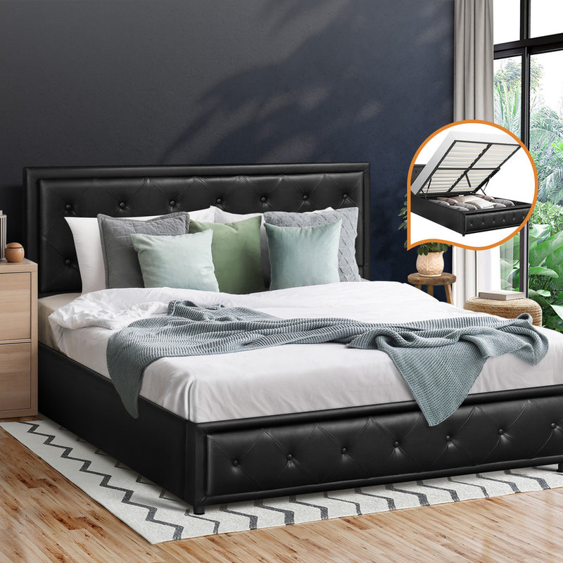 Oikiture Queen Bed Frame with Storage Space Gas Lift Black