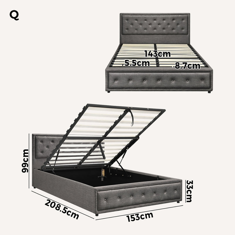 Oikiture Queen Bed Frame with Storage Space Gas Lift Grey