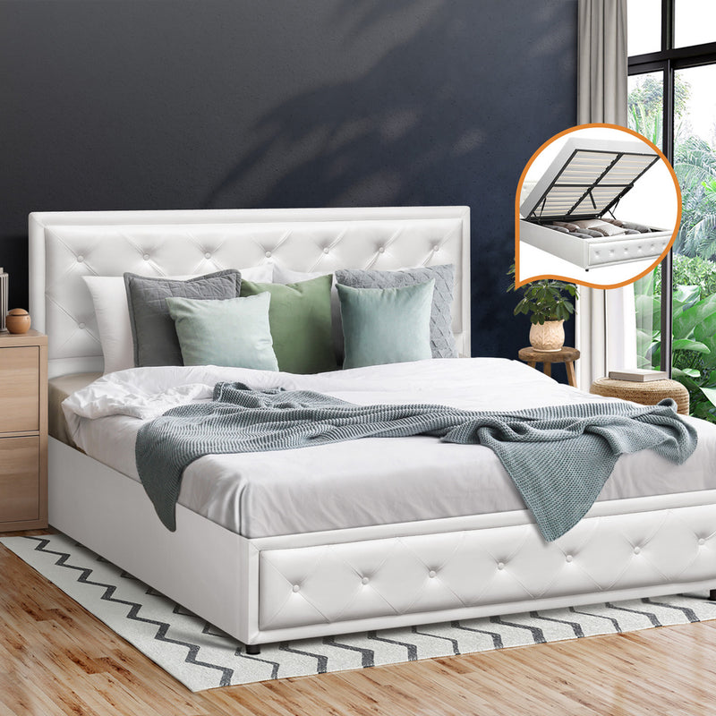 Oikiture Queen Bed Frame with Storage Space Gas Lift White