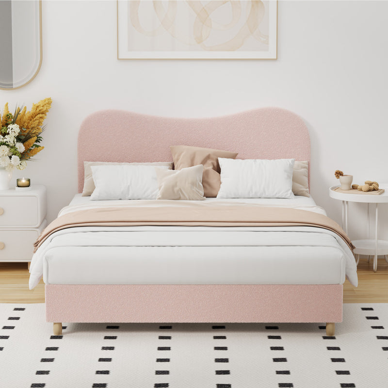 Oikiture Bed Frame Queen Size Pink Boucle Cloud Shape