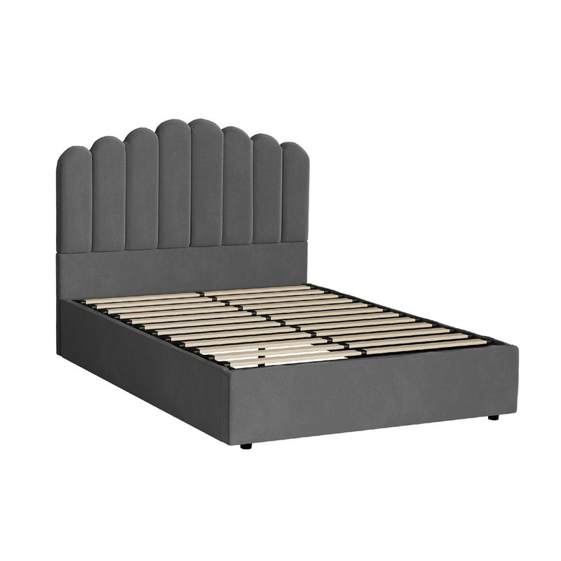 Oikiture Bed Frame Double Size Gas Lift Velvet Grey