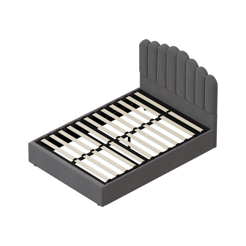 Oikiture Bed Frame Double Size Gas Lift Velvet Grey