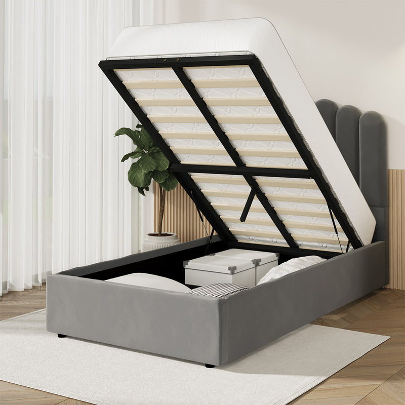 Oikiture Bed Frame King Single Gas Lift Velvet Grey